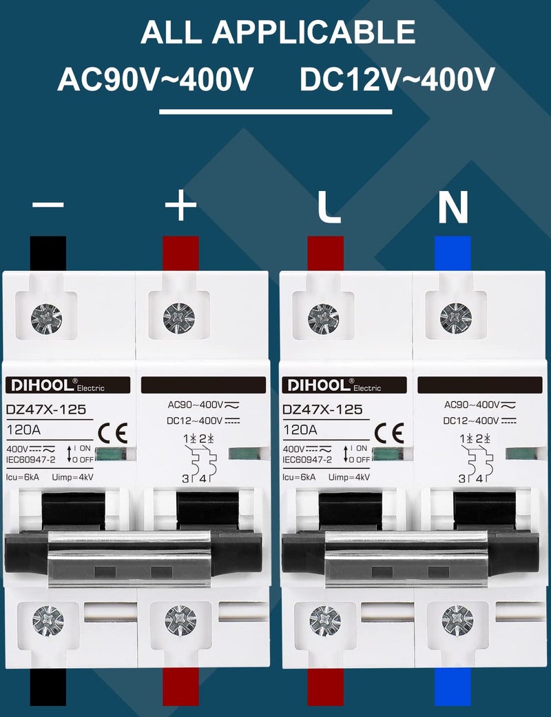DIHOOL Solar Disconnect Switch, 120 Amp 2 Pole, DIN Rail Mount, Non Polarized, 12V 24V 48V 400V, AC/DC Circuit Breaker, RV Battery Isolator, PV Array MCB, Thermal Magnetic Trip - Image 4